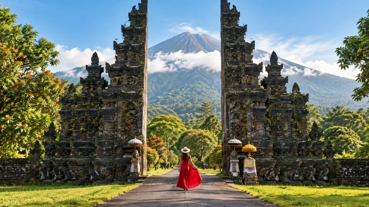 Bali temple gate and mountain view